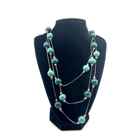 Vintage Green Beaded Silver Tone Bead Chain Necklace B8 - Picture 1 of 9